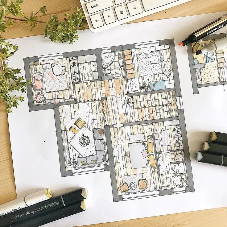 Designer sketching a floor plan on a tablet